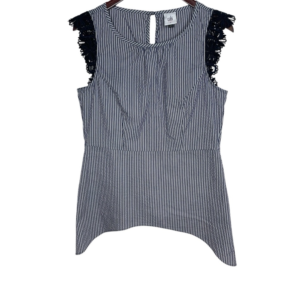 CAbi Seersucker Striped Peplum Tank Top w/ Lace Sleeves Size S